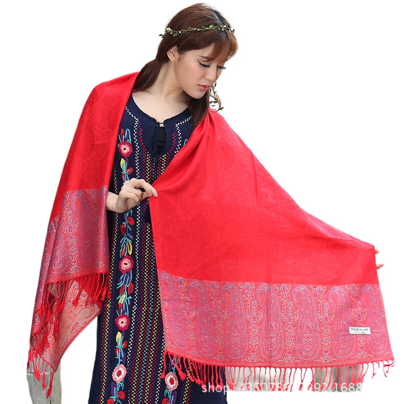 National Style Cashew Neck Air Conditioner Big Shawl Scarf Dual Purpose Jacquard Tassel Spring And Summer Long Cotton Scarf Female