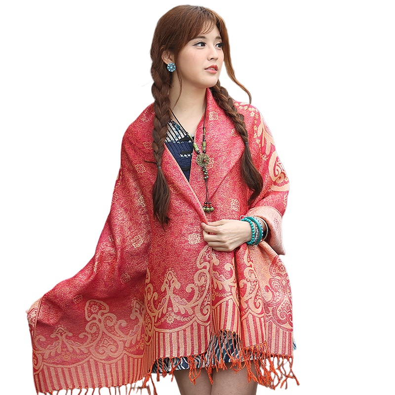 Autumn And Winter Retro Ethnic Romantic Su Scarf Gold Jacquard Bohemian Women'S Shawl Wholesale Rich Blossom