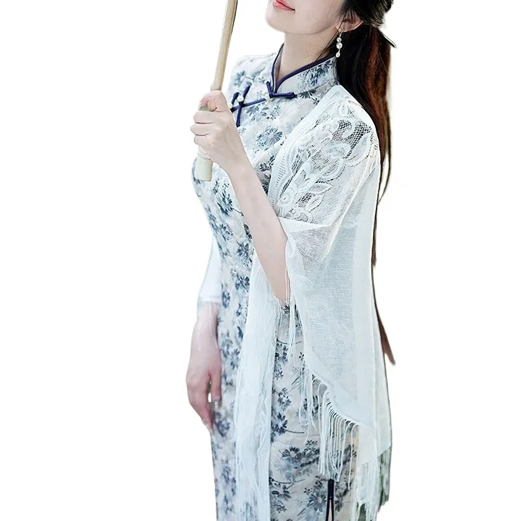 Thin Summer Sunscreen Triangle Scarf Shawl Art Retro Collocation Cheongsam Shawl Scarf Silk Scarf Lace Women'S Scarf