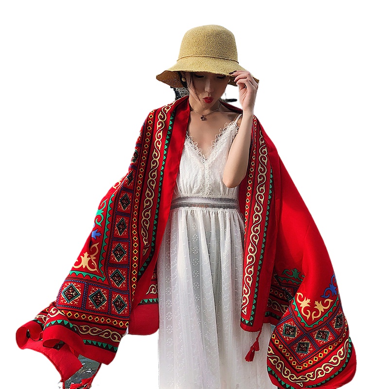 Summer Ethnic Style Scarf Tibet Sunscreen Silk Scarf Female Qinghai Lake Travel Photo Beach Scarf Twill Satin Shawl Xinjiang