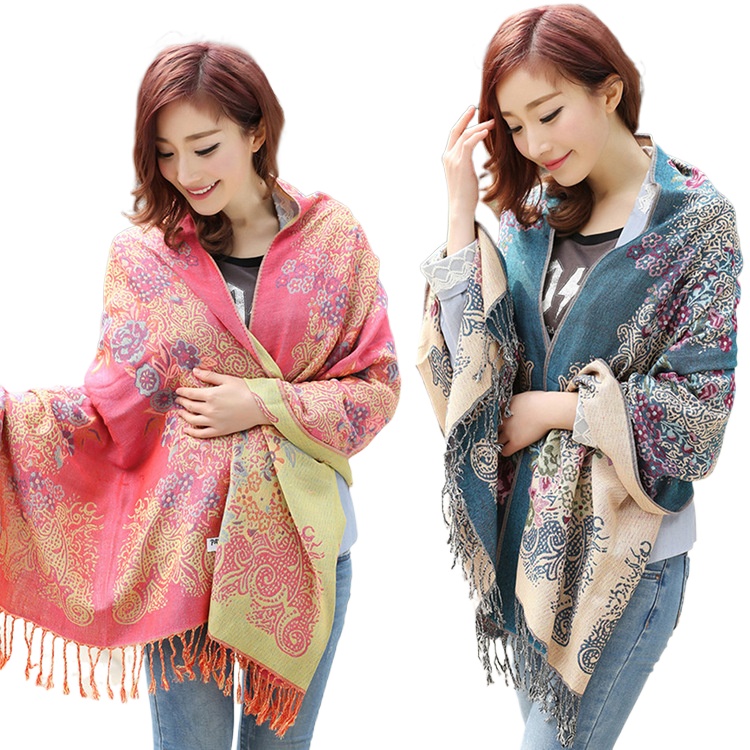 Manufacturer Wholesale Lijiang Spring, Autumn And Winter National Style Cotton And Linen Scarf Double-Sided Long Thickened Women'S Shawl