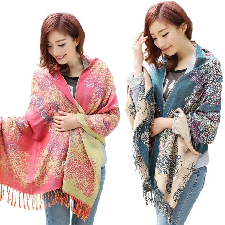 Manufacturer Wholesale Lijiang Spring, Autumn And Winter National Style Cotton And Linen Scarf Double-Sided Long Thickened Women'S Shawl