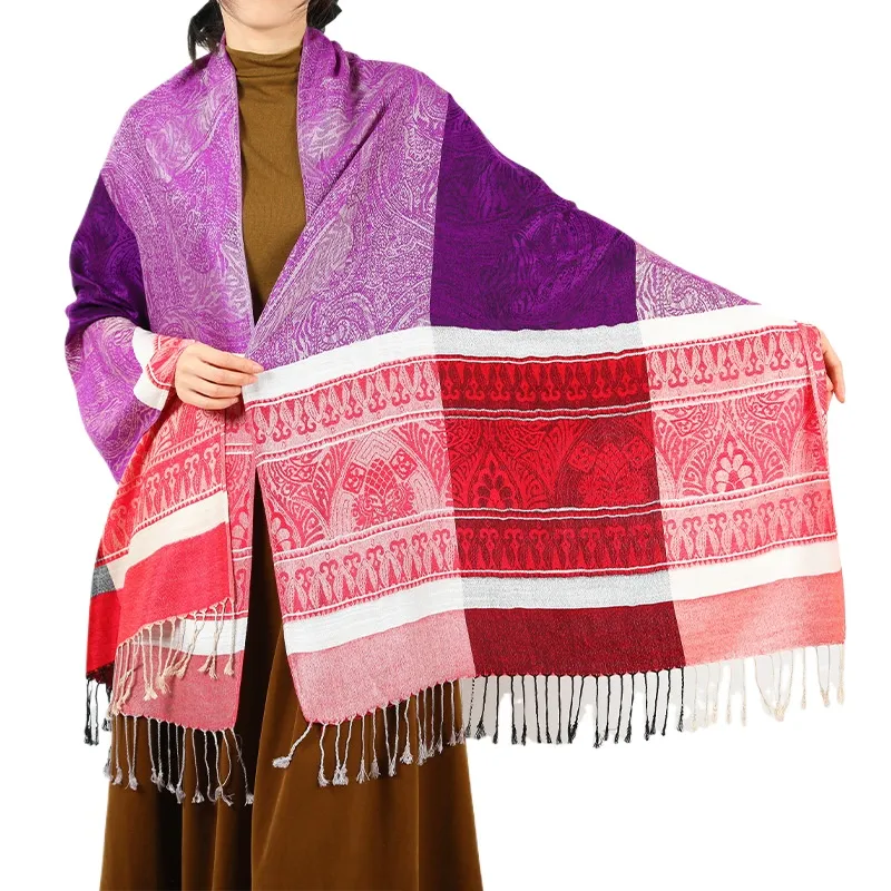 New Foreign Trade Shawl Stripe Color Contrast Autumn And Winter Fashion Tassel Women'S Scarf Light Luxury Large Size Shawl