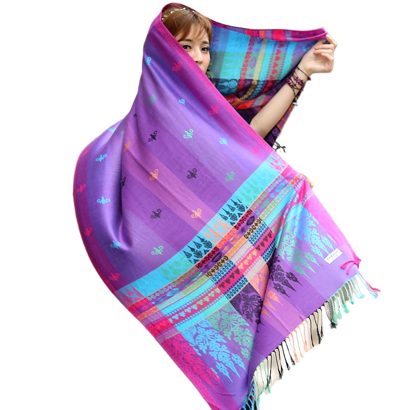 Jacquard Colorful Bohemian Women'S Scarf Air Conditioning Shawl Ethnic Style Scarf Colorful Cloud Stripe Cotton Long Scarf