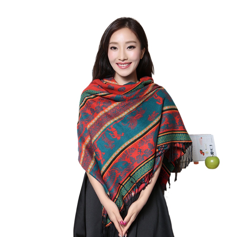 Dongba Lijiang National Wind Cotton Brushed Jacquard Tassel Shawl Scarf Women'S Autumn And Winter Thickened Warm Square Scarf