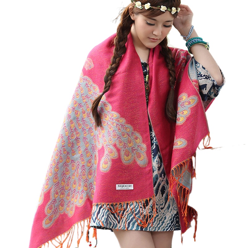 Manufacturer Wholesale Yunnan Lijiang National Style Jacquard Tassel Shawl Autumn And Winter Scarf Peacock Belt Gold Thread Spring And Autumn