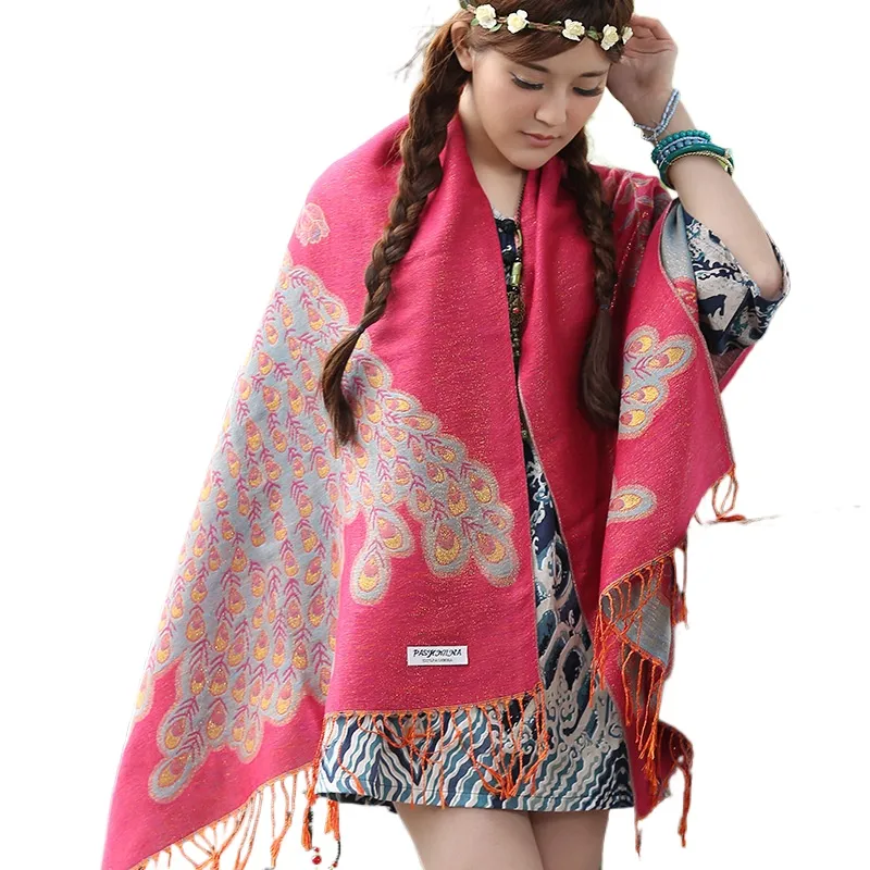 Manufacturer Wholesale Yunnan Lijiang National Style Jacquard Tassel Shawl Autumn And Winter Scarf Peacock Belt Gold Thread Spring And Autumn