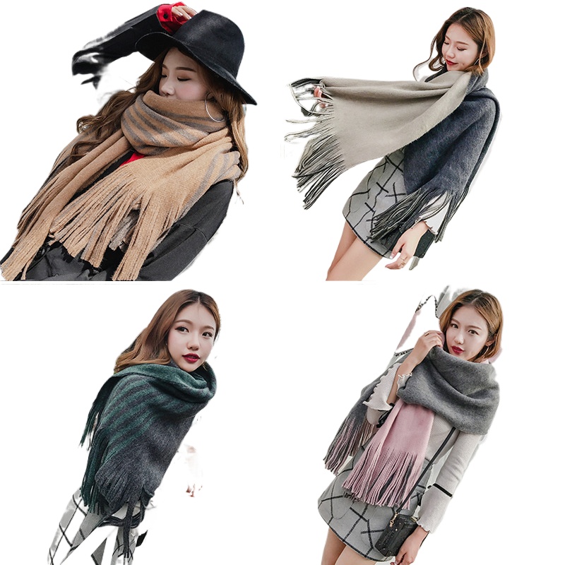 Wool Winter Scarf Women'S Spring And Autumn Korean Versatile Knitted Stripe Double-Sided Imitation Cashmere Neck Shawl Thickened To Keep Warm