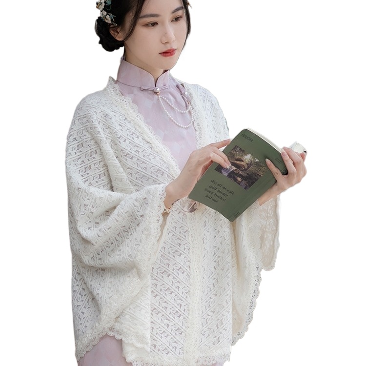 Small Shawl With Cheongsam Beige Lace 2024 Summer Republic Of China Style Retro Art Versatile Knitted Jacket Cardigan