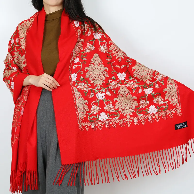 New Embroidered Women'S Scarf Travel Wear With Tassel Ethnic Flowers Shawl Windproof Warm Scarf Wholesale