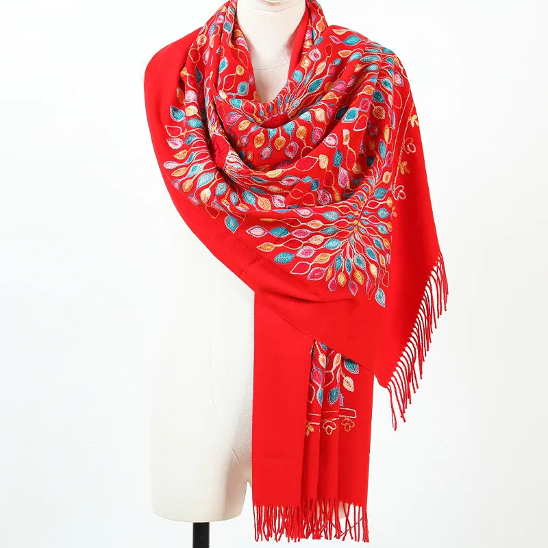 Fashion Warm Winter Cashmere Shawl Embroidery Embroidered Fringe Scarf Cashmere Solid Women'S Scarf Wrapped Outside
