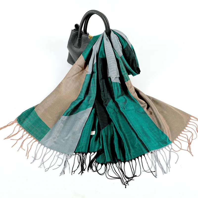 New Color-Block Twill Plaid Tassel Scarf Women'S Cross-Border Long Shawl Nordic Style Spring And Autumn Simple Wrap Scarf