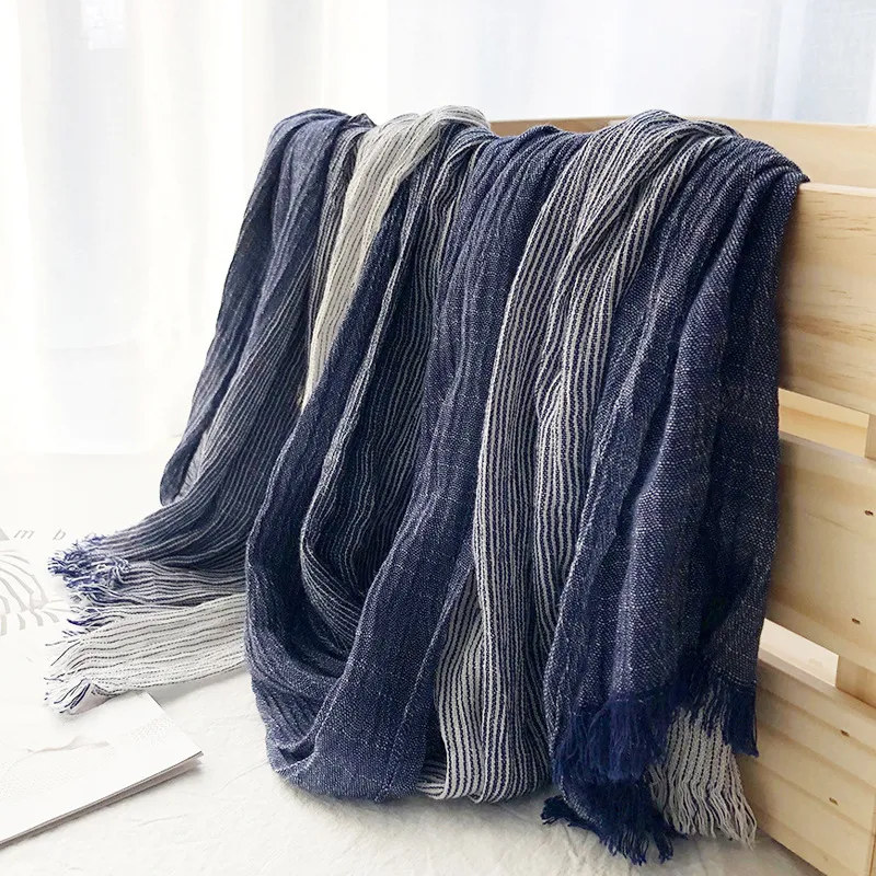 Japanese And Korean Literary Style Striped Cotton And Linen Scarf Women'S Four Seasons Good Match Men'S Neckwear Mori Couple'S Scarf Shawl Fashion